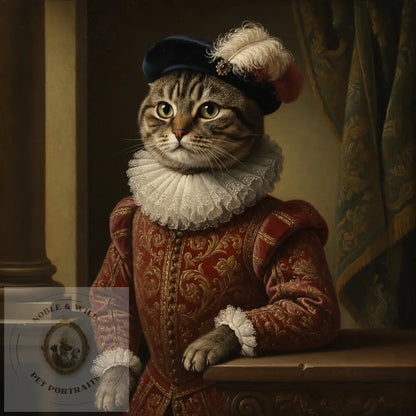 Cat in Renaissance-style clothing with a decorative headpiece