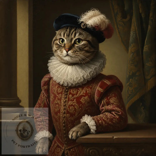 Cat in Renaissance-style clothing with a decorative headpiece
