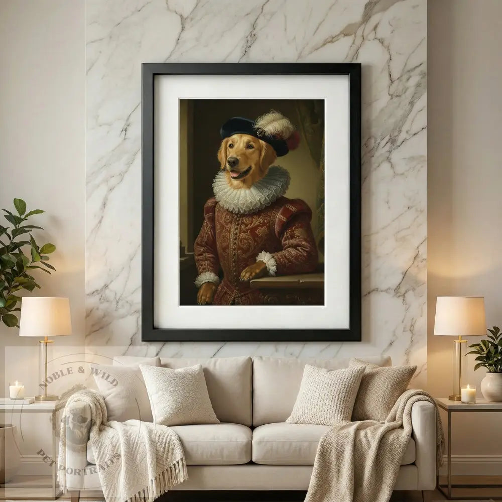 Framed portrait of a dog in historical attire on a marble wall above a sofa.