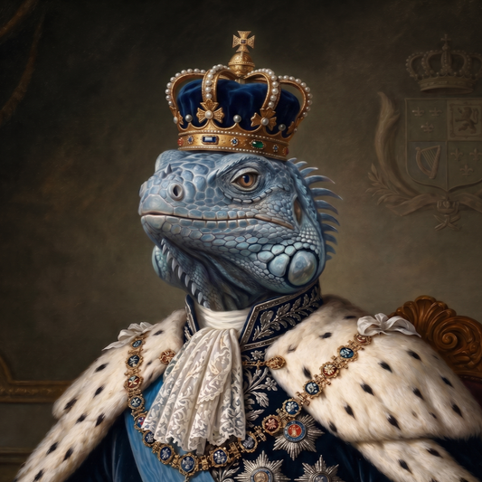 Lizard wearing a crown and formal coat with decorative elements